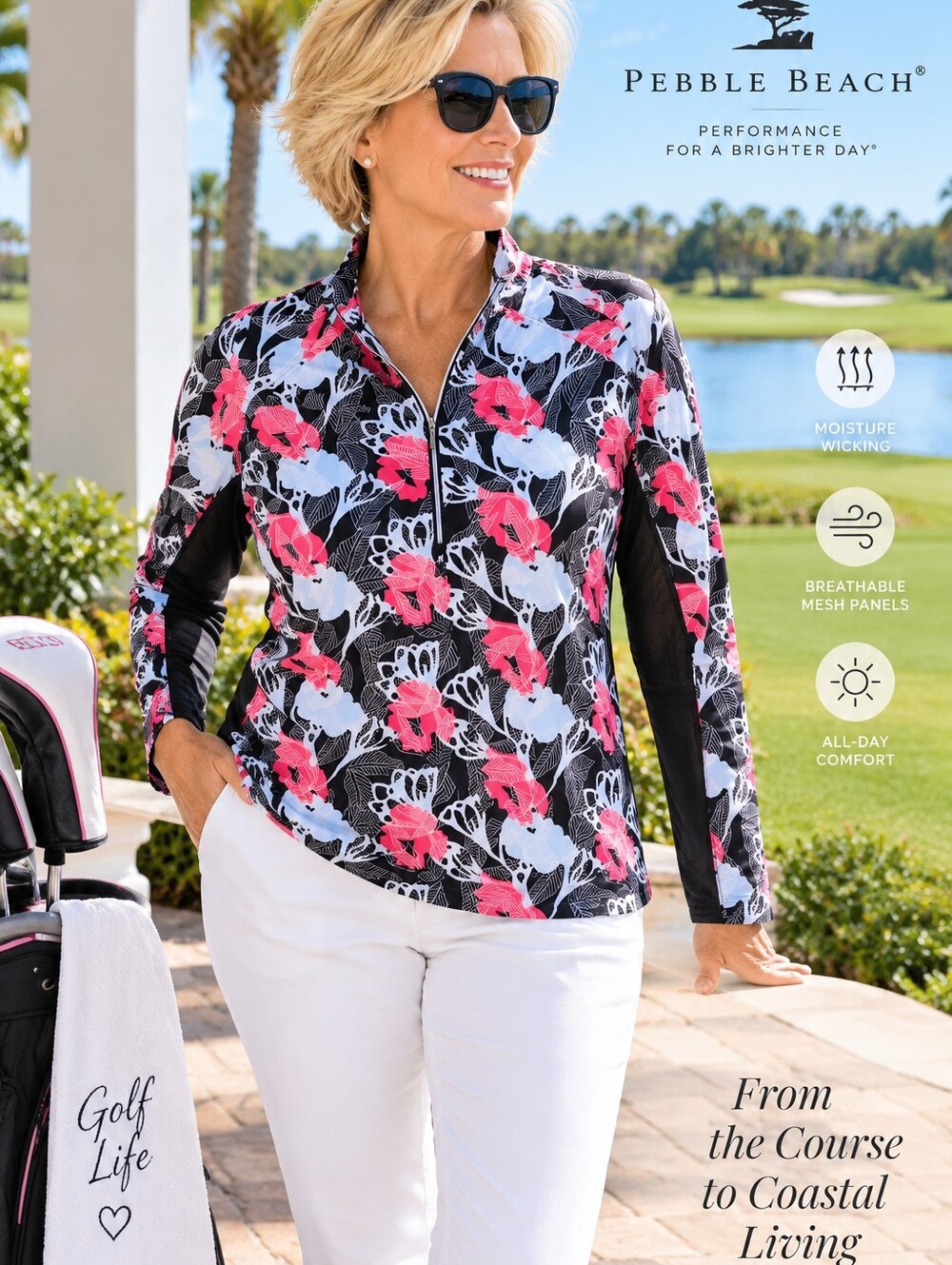 Pebble Beach XL Women 1/2 Zip Floral Performance Top Dry-Luxe Mesh Activewear